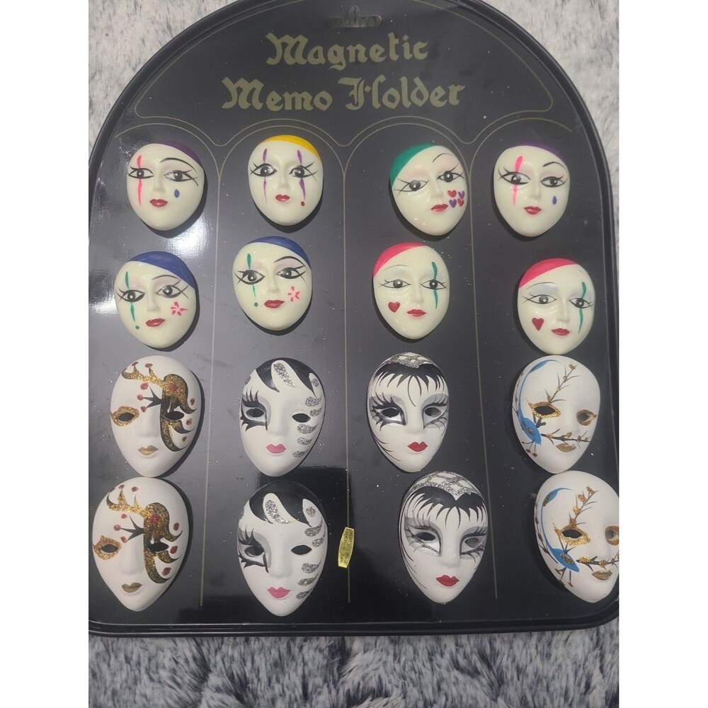 Vintage Magnetic Memo Holder 16 Harlequin Mime Face Magnets Made in Taiwan NOS